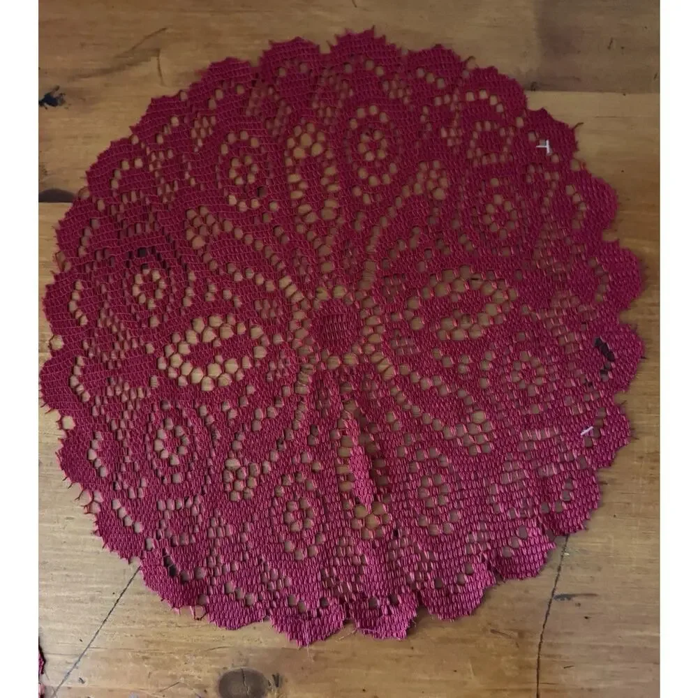 Vintage Rich Deep Red Crochet Doilies Set of 2 Round Lace Holiday Decor Handmade